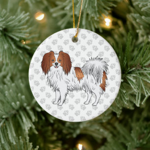 Phalène-Hund in Rot und Weiß mit grauen Pfoten Keramik Ornament