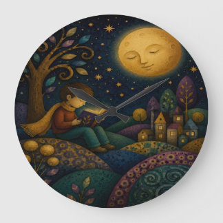 PHANTASIEVOLLER JUNGE LESEND UNTER DEM MOND GROßE WANDUHR