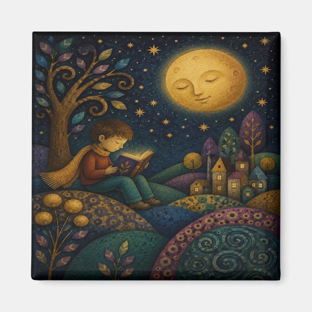 PHANTASIEVOLLER JUNGE LESEND UNTER DEM MOND MAGNET (Vorne)