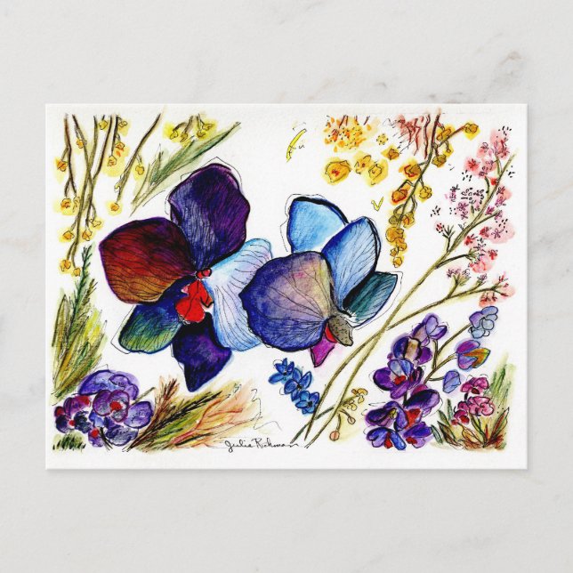 Phantastisch-Blaue Orchidee und Blätter Postkarte (Vorderseite)