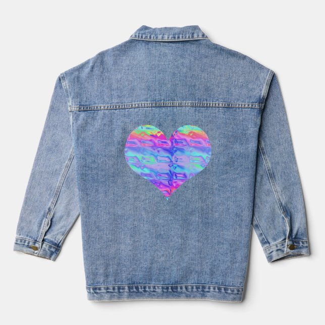 Phantastisch Chrome Metallic Neon Rainbow Heart Jeansjacke (Rückseite)