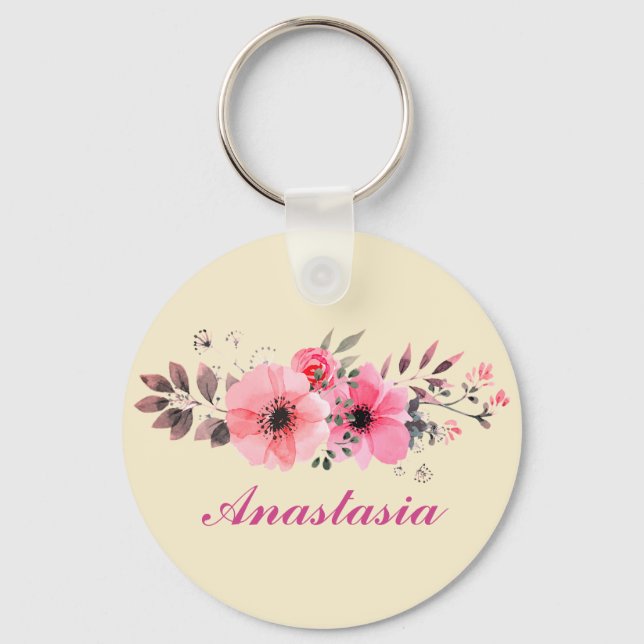 Phantastisch rosa Blume mit Ihrem Namen Schlüsselanhänger (Vorderseite)