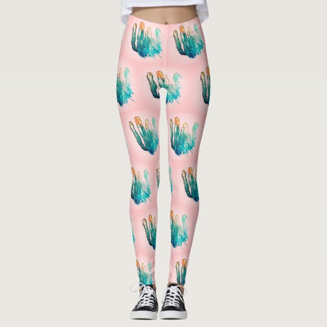 Phantastisch Türkis Pink Cactus Muster Leggings (Vorderseite)