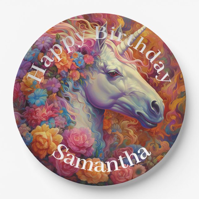 Phantastisch Unicorn Happy Birthday Pappteller (Vorderseite)