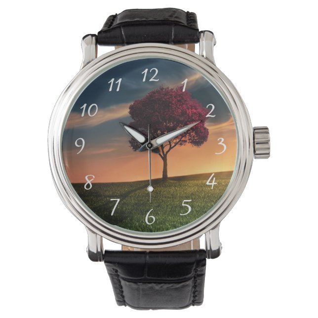 Phantastische Landschaft mit Rotem Baum bei Sonnen Armbanduhr (Vorderseite)