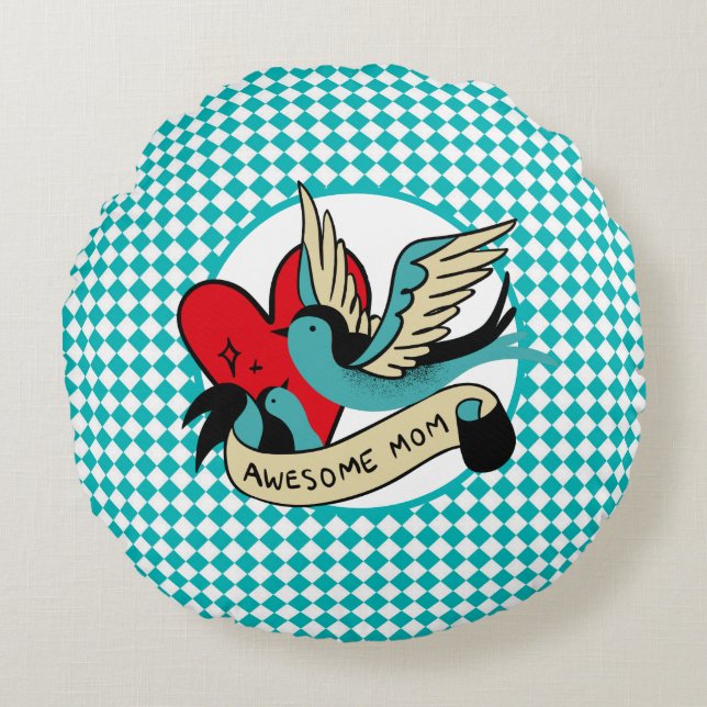 Phantastische Mama Tattoo und Harlequin Rundes Kissen (Vorderseite)