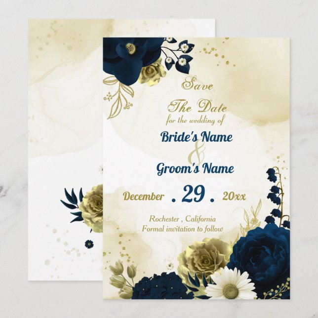 Phantastische marineblaue Elfenbein-Blume Gold Save The Date (Vorne/Hinten)