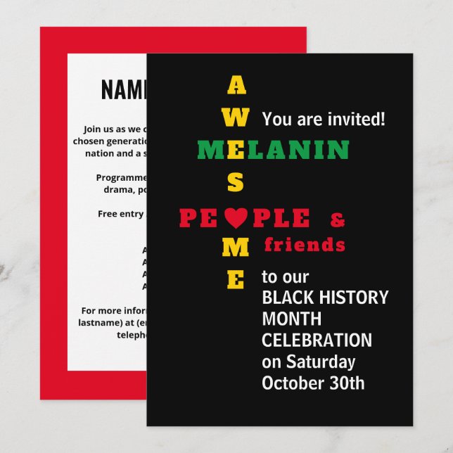 Phantastische Melanin Schwarze Geschichte Monat Ei Einladung (Vorne/Hinten)