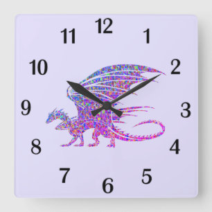 Phantastische Mosaikdrache Lila schwarze Zahlen Quadratische Wanduhr