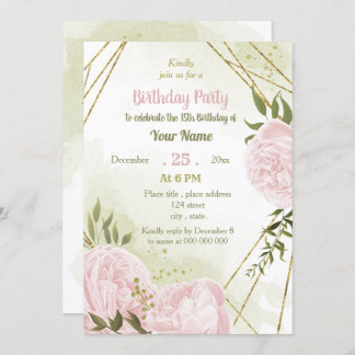 phantastische Rosa Blume Grün Geburtstagsparty Einladung
