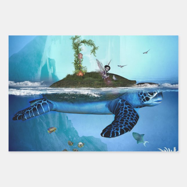 Phantastische Schildkröte mit Feen und Vögeln Geschenkpapier Set (Vorderseite)