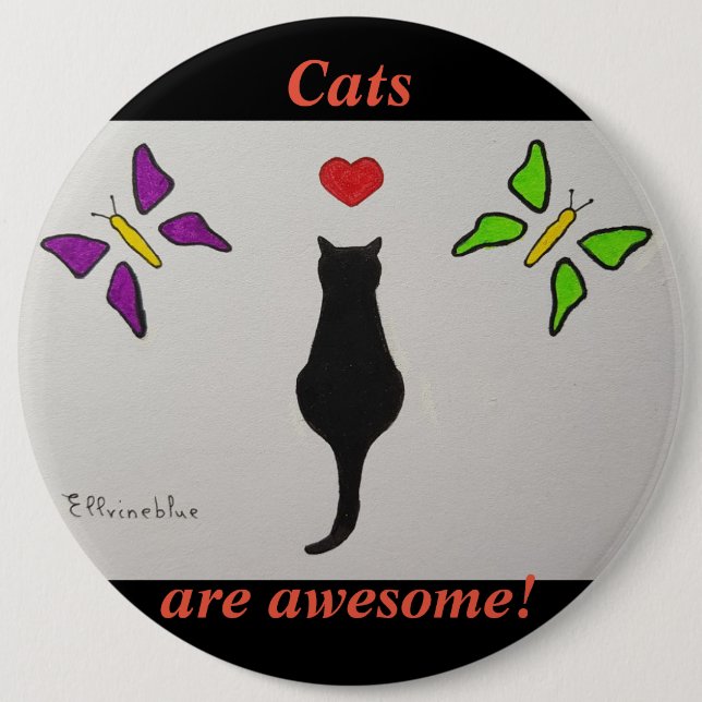 Phantastische Schwarze Katze zeichne, rotes Herz,  Button (Vorderseite)