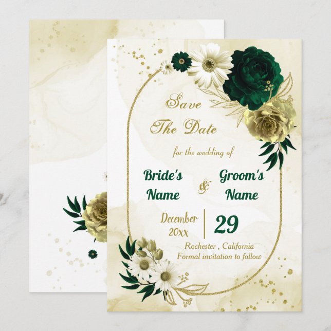 Phantastische smaragdgrüne Elfenbeingold Blume geo Save The Date (Vorne/Hinten)