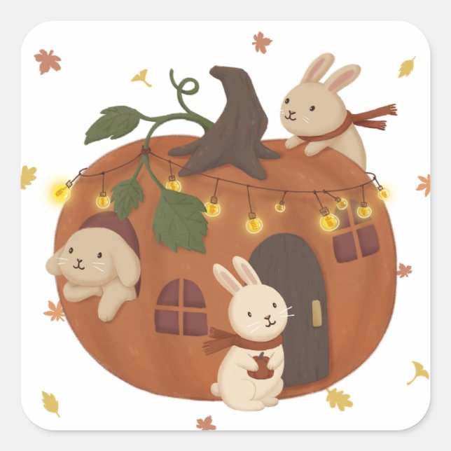 Phantastischer Herbst: Bunny & Pumpkin Quadratischer Aufkleber (Vorderseite)