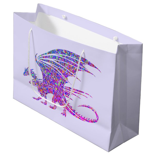 Phantastischer Mosaikdrache Lila Große Geschenktüte (Vorderseite Schrägansicht)