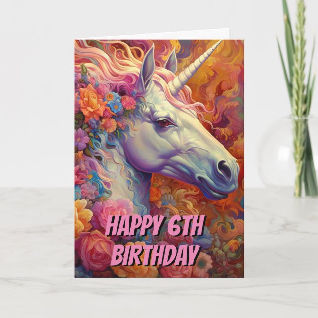 Phantastisches Einhorn 6. Geburtstag geflogen Karte (Vorderseite)