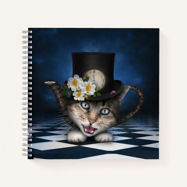 Phantastisches Mad Hatter Teapot Kat Whimsisches D Notizbuch (Vorderseite)