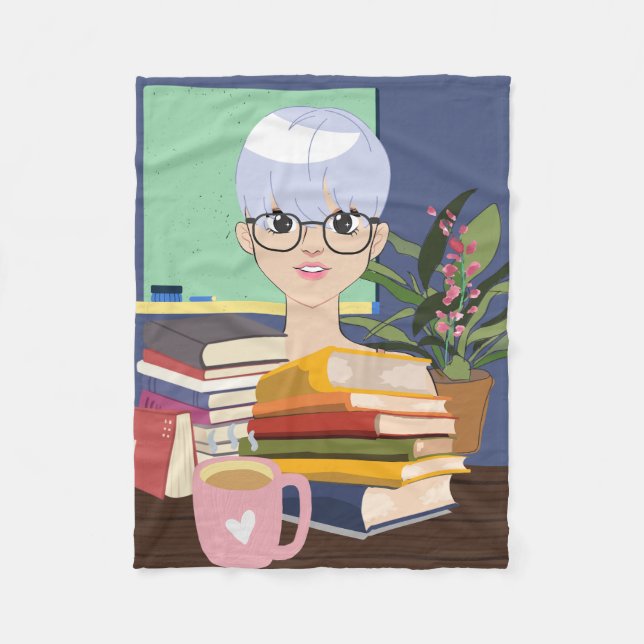 PHANTASTISCHES TIERE , MÄDCHEN , MIT BÜCHERN, FLEECEDECKE (Vorderseite)