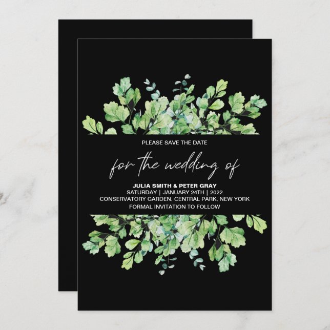 Phantom Black Leafy Save the Date Hochzeit Einladung (Vorne/Hinten)
