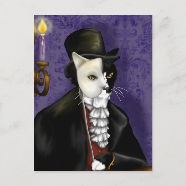Phantom Cat Masked Tuxedo Cat Fantasy Art Postkart Postkarte (Vorderseite)
