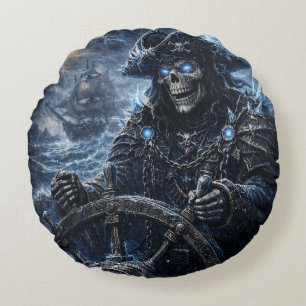 Phantom-Schädelkapitän am Ruder – Blauer Sturm Erh Rundes Kissen
