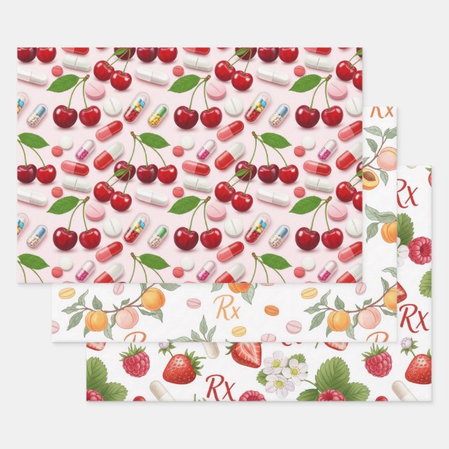 Pharmacist Cherry Peach Strawberry Wrapping Paper  Geschenkpapier Set (Set)