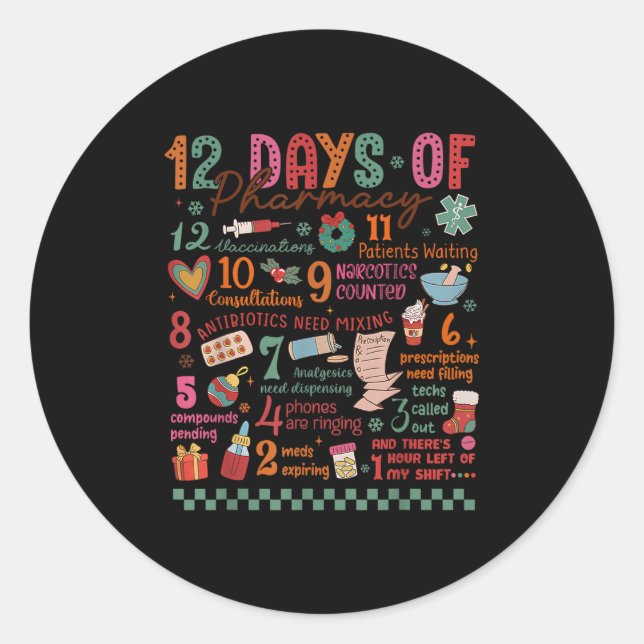 Pharmacy Christmas Shirt - 12 Days Of Pharmacy Tec Runder Aufkleber (Vorderseite)