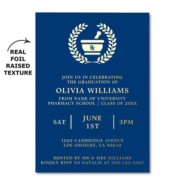 Pharmacy School Navy and Gold Graduation Party Folieneinladung (Pharmacy school graduation party invitation with real foil raised texture)