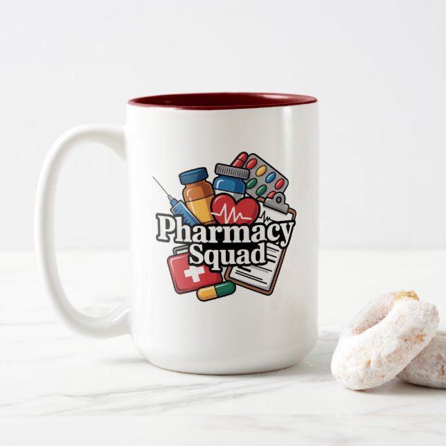 'Pharmacy Squad'. Zweifarbige Tasse (Mit Donut)