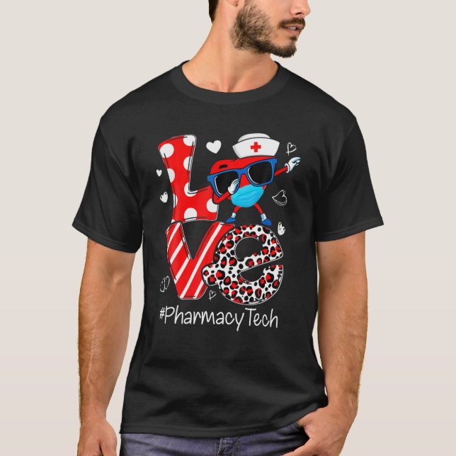 Pharmacy Tech Liebe Valentine's Day Leopard Dabbin T-Shirt (Vorderseite)