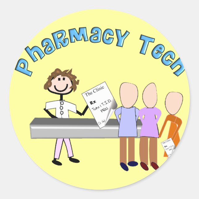 Pharmacy Tech verleiht Stick People Design Runder Aufkleber (Vorderseite)
