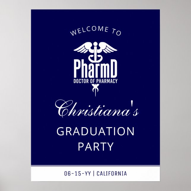 PharmD Navy Blue White Grad Party Begrüßungszeiche Poster (Vorne)