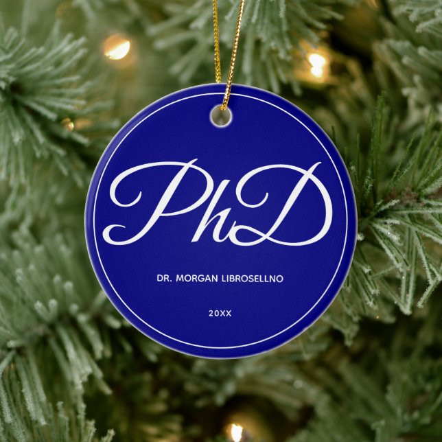 PhD Abschluss Blue Name Year Keramik Ornament (Baum)