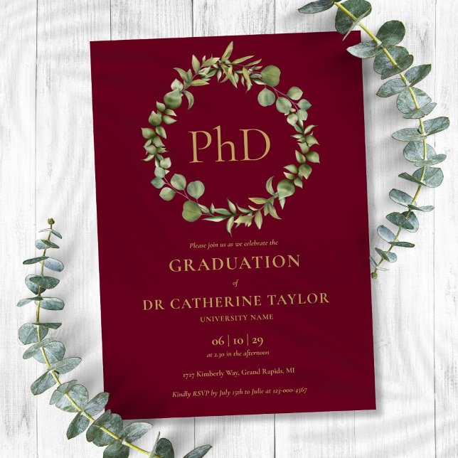 PhD-Degree Burgundy Red Garland Graduation Party Einladung (PhD Degree Burgundy Red Garland Graduation Party Invitation)