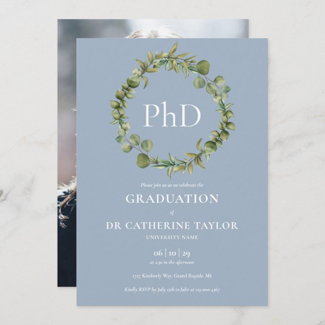 PhD Degree Dusty Blue Garland Foto Abschluss Einladung (Vorne/Hinten)