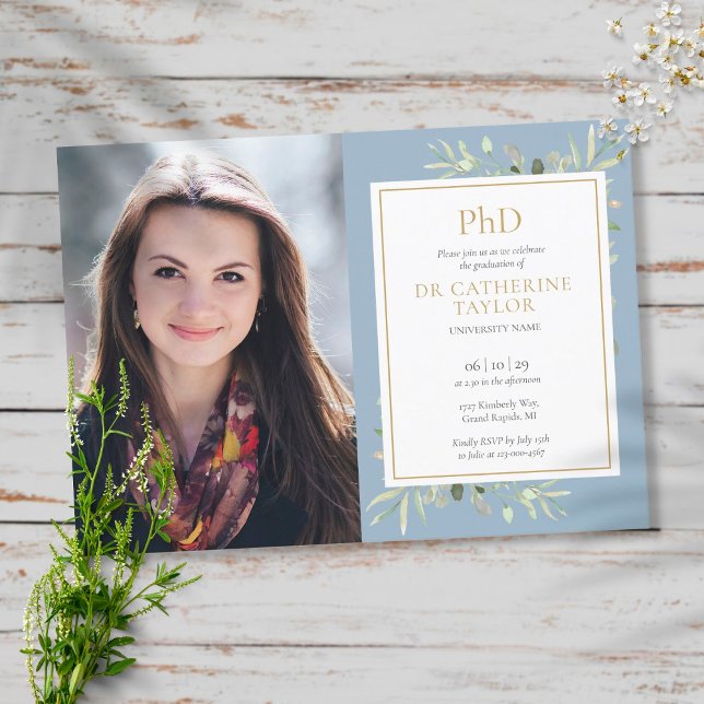 PhD Degree Dusty Blue Greenery Abschluss Foto Einladung (Von Creator hochgeladen)
