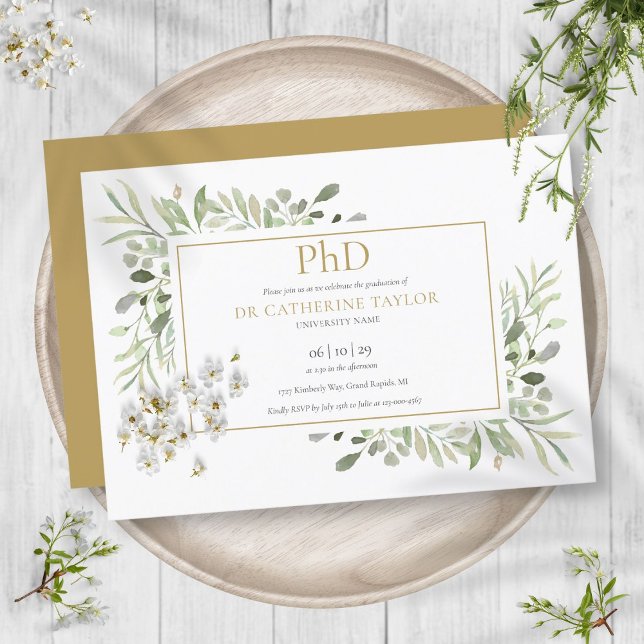 Phd Degree Greenerity Foliage Gold Abschluss Einladung (Phd Degree Greenery Foliage Gold Graduation Invitation)