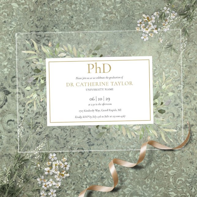 Phd Degree Greenery Floral Gold Abschluss Acryleinladungen (Phd Degree Greenery Floral Gold Graduation Acrylic Invitations)