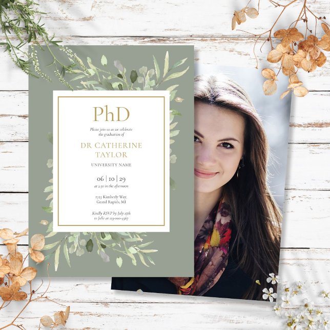 Phd Degree Sage Greenerity Foto Abschluss Einladung (Phd Degree Sage Greenery Photo Graduation Invitation)