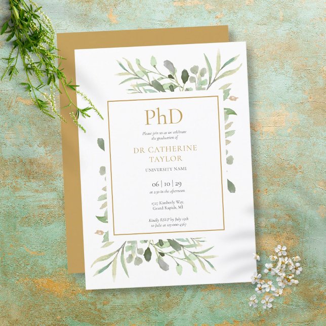Phd Degree Watercolor Greenerity Gold Abschluss Einladung (Von Creator hochgeladen)