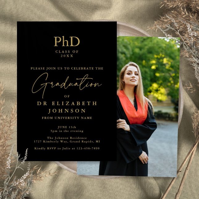 PhD-Foto-Graduationsparty für Schwarz und Gold Einladung (Black And Gold PhD Degree Photo Graduation Party Invitation)