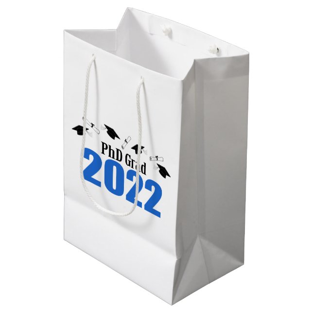 PhD Grad 2022 Abschluss Geschenktasche (blau) Mittlere Geschenktüte (Vorderseite Schrägansicht)
