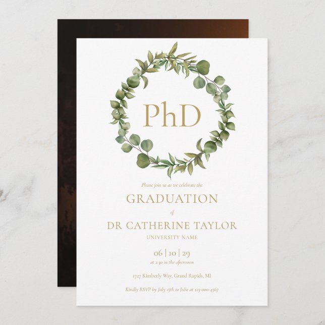 PhD Grad Elegant Garland Foto Graduation Party Einladung (Vorne/Hinten)