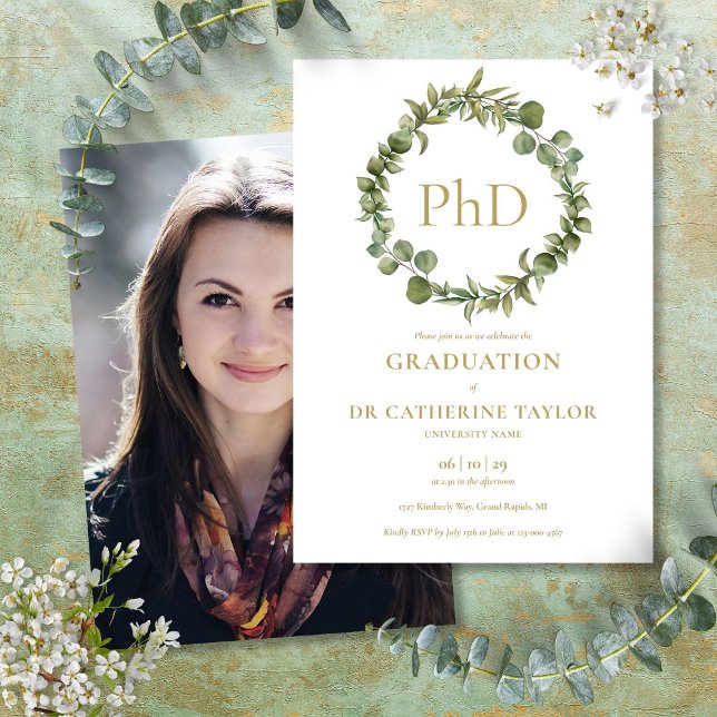 PhD Grad Elegant Garland Foto Graduation Party Einladung (PhD Degree Elegant Garland Photo Graduation Party Invitation)