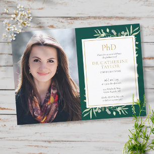PhD Grad Emerald Gold Greenery Abschluss Foto Einladung