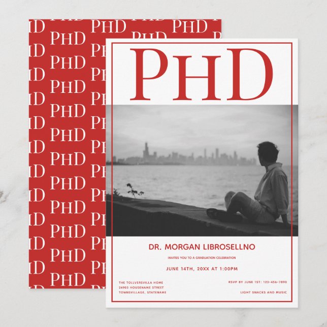 PhD Graduate Foto Red Graduation Party Einladung (Vorne/Hinten)