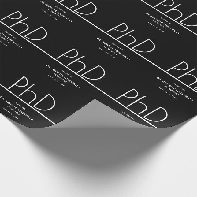 PhD Graduation Party Black Wrapping Paper Geschenkpapier (Ecke)