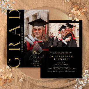 PhD-Graduiertenparty für Schwarz-Gold-Foto Einladung