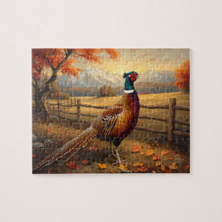 Pheasant Bird Autumn Mountain Sunset Painting Puzzle