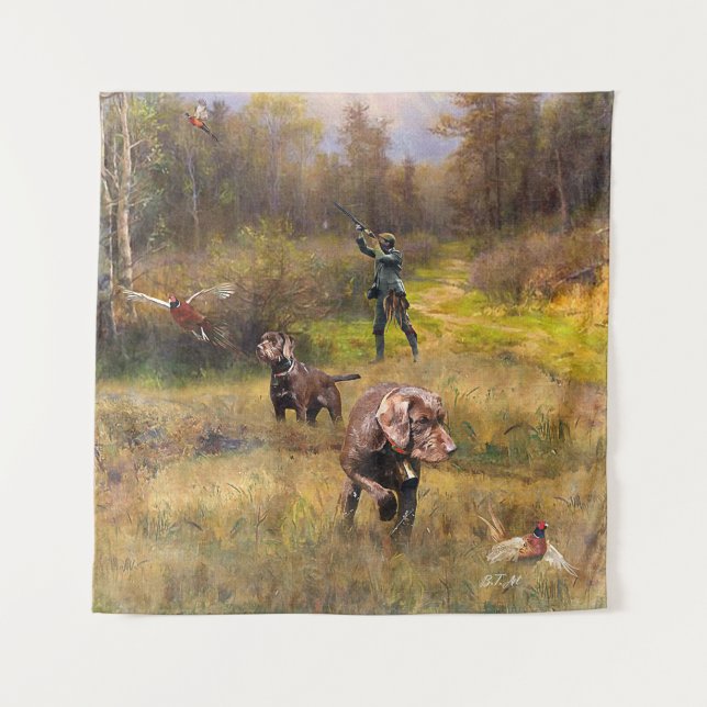 Pheasant Jagen mit Pudelzeigen Wandteppich (Vorderseite)